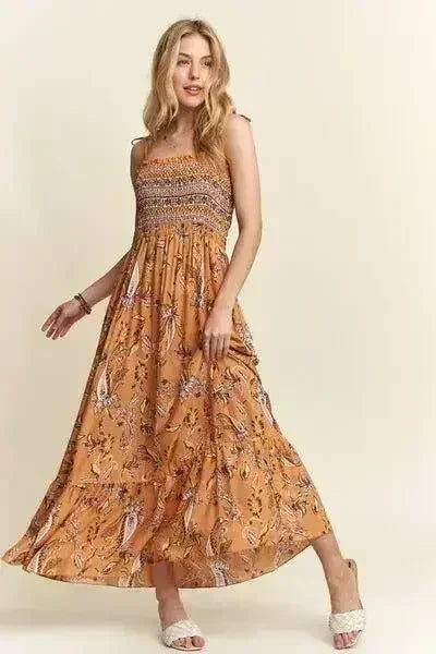 Square Neck Tie Shoulder Dress - Smocked &amp; Floral | Femstylo