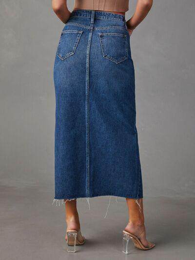 Slit Raw Hem Midi Denim Skirt for Effortless Style