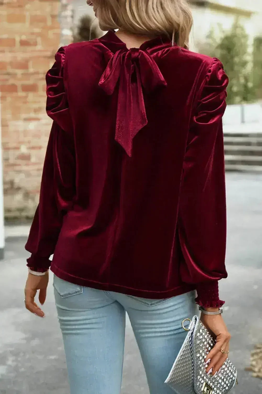 Fiery Red Velvet Blouse - Mock Neck &amp; Puff Sleeves | Femstylo
