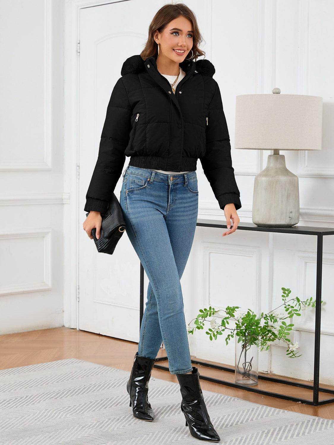 Pocketed Long Sleeve Cropped Hooded Winter Coat for Women