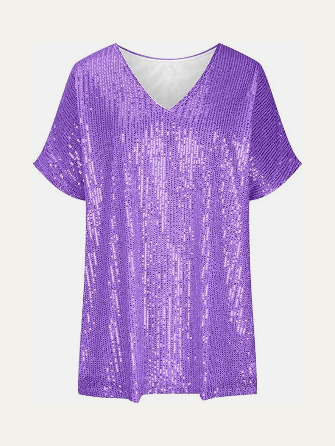 Full Size Sequin V-Neck Short Sleeve Top for Women