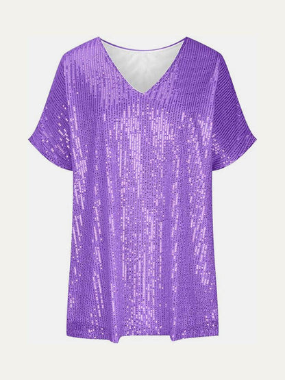 Full Size Sequin V-Neck Short Sleeve Top for Women