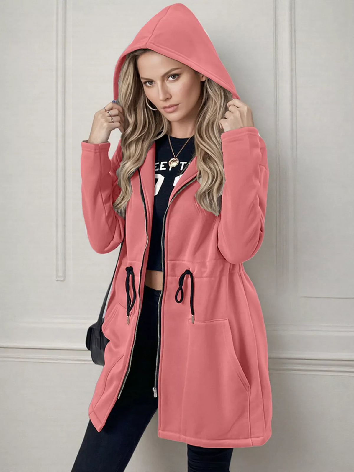 Drawstring Zip Up Hooded Outerwear