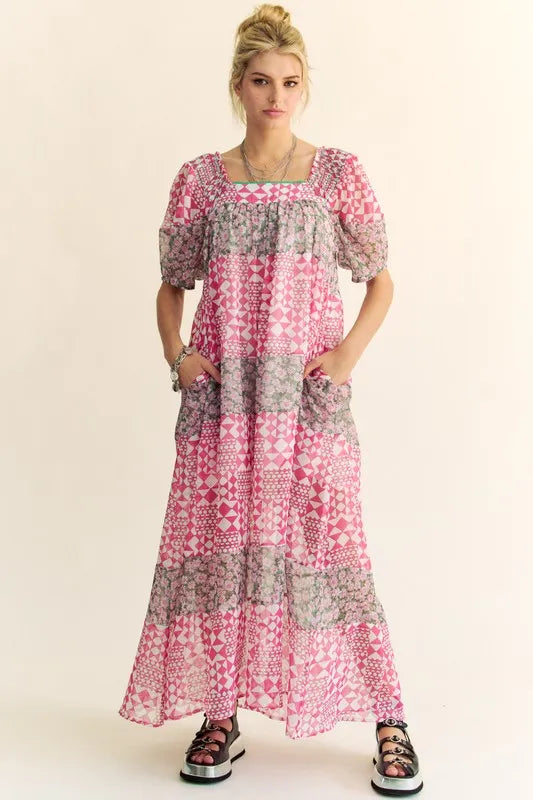 Davi &amp; Dani Multi Floral Square Neck Puff Sleeve Maxi Dress
