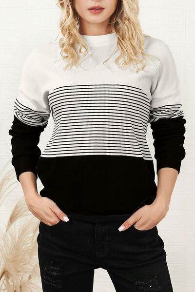 Striped Color Block Long Sleeve Knit Top for Women