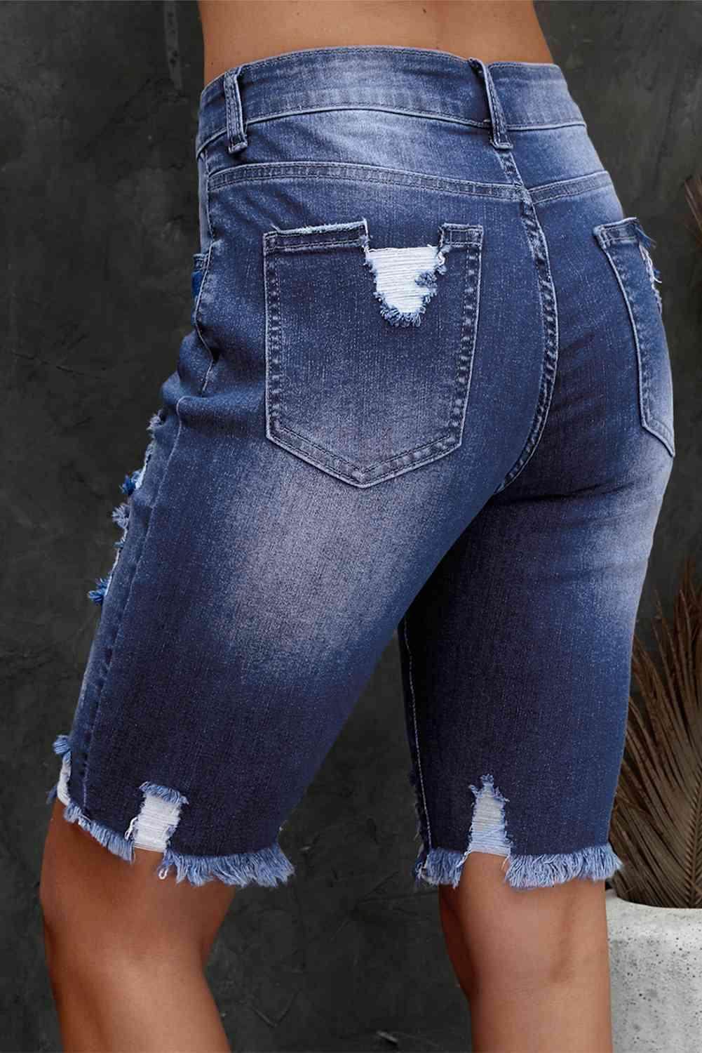 Distressed Frayed Hem Denim Bermuda Shorts for Women