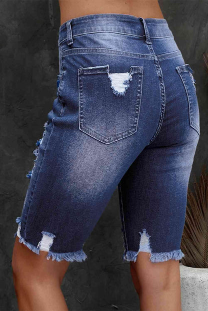 Distressed Frayed Hem Denim Bermuda Shorts for Women