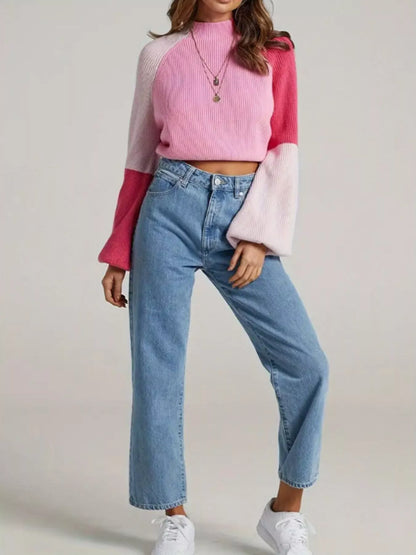 Color Block Mock Neck Sweater
