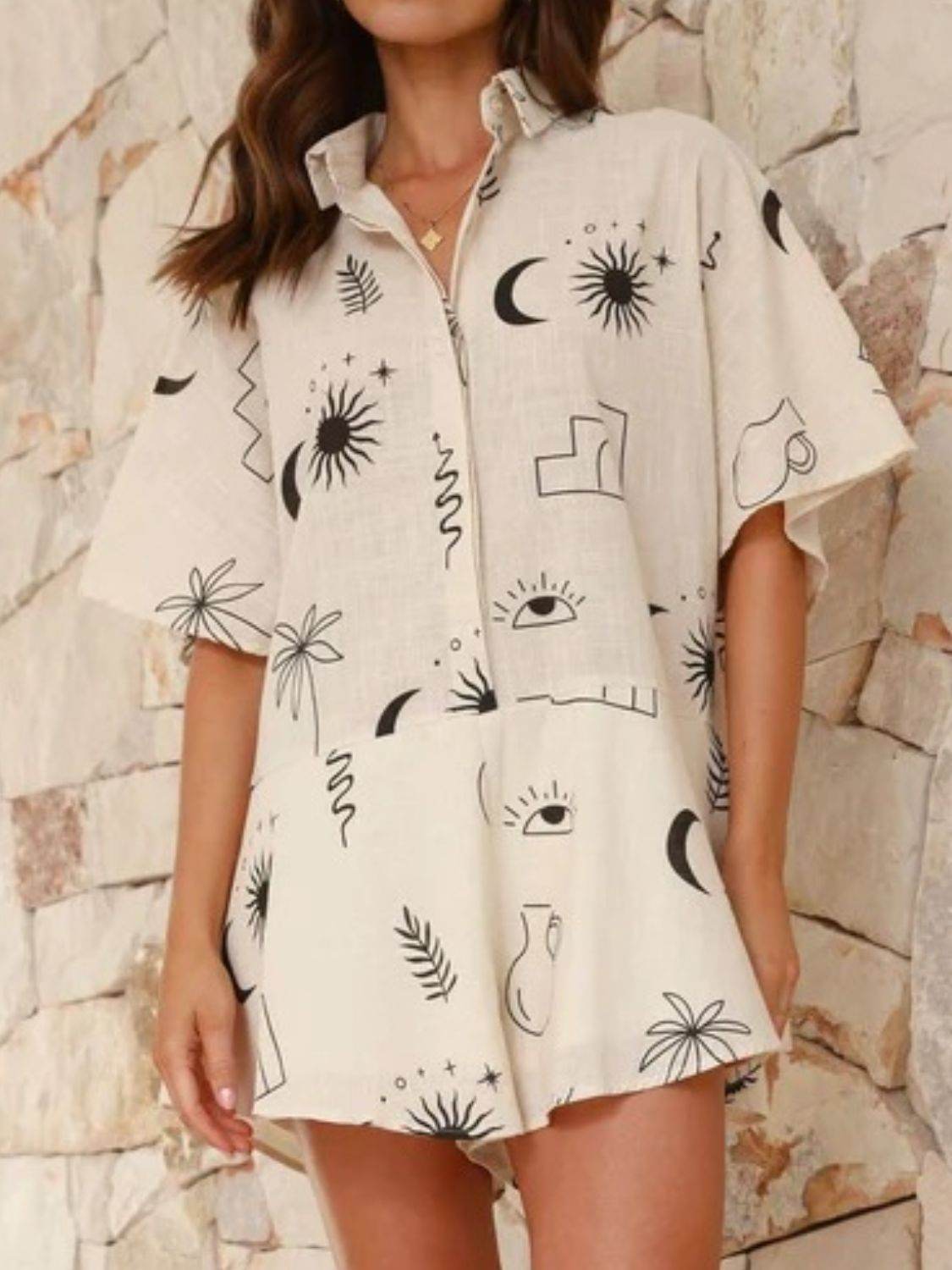 Printed Collared Neck Half Sleeve Romper For women