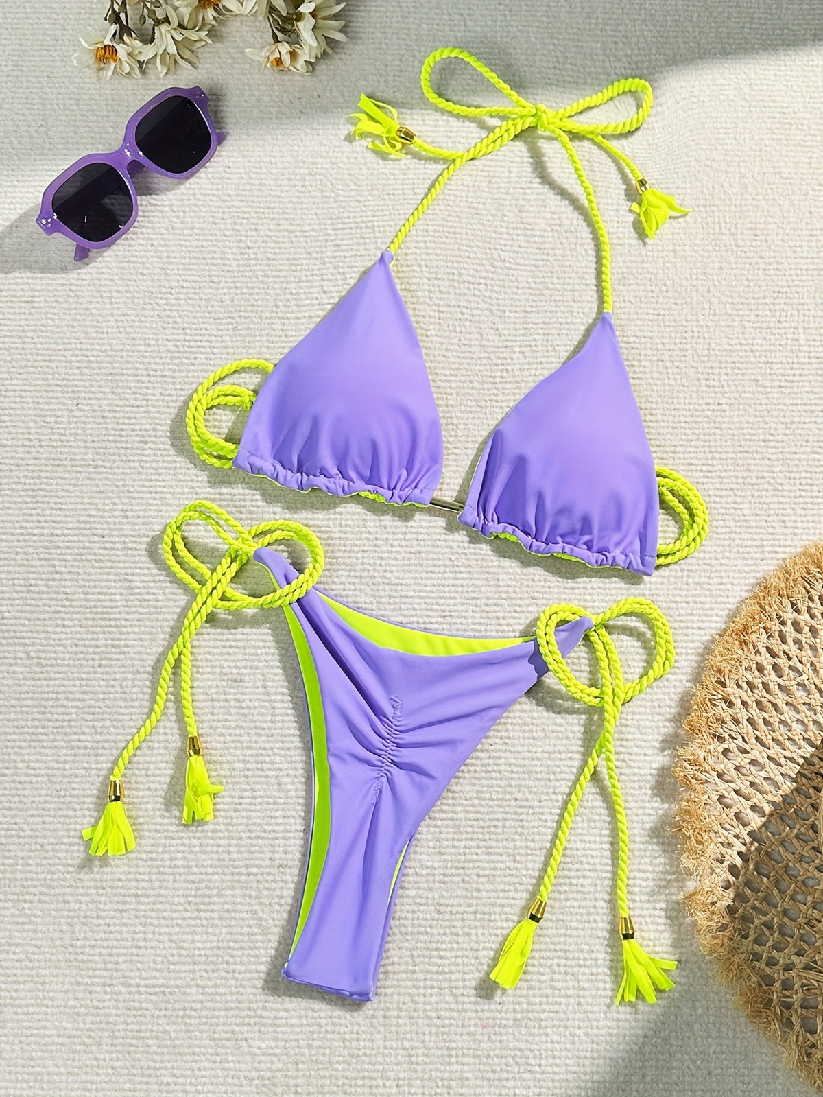 New Festival Flame Halter Bikini Set for Women – Triangle V-Neck Backless Two-Piece Swimsuit with Tie Side Bottoms &amp; Adjustable Lace-Up Fit – Sleek Polyamide Swimwear for Koningsdag/King’s Day &amp; Summer Beach Celebrations