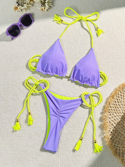 New Festival Flame Halter Bikini Set for Women – Triangle V-Neck Backless Two-Piece Swimsuit with Tie Side Bottoms &amp; Adjustable Lace-Up Fit – Sleek Polyamide Swimwear for Koningsdag/King’s Day &amp; Summer Beach Celebrations