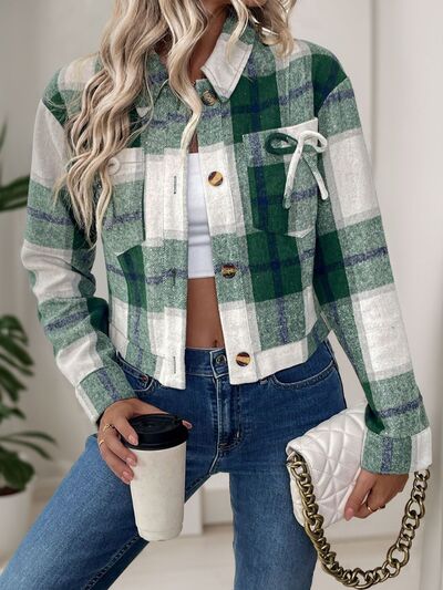 Dark Green Button-Up Jacket Trendy &amp; Chic Outerwear with Bow &amp; Pockets Cute Elegant Girls Jacket