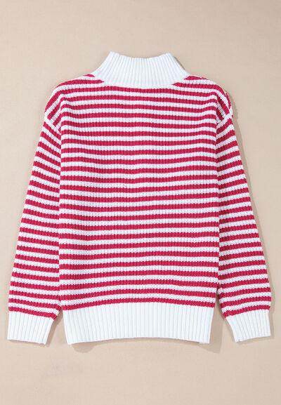 Striped Half Zip Mock Neck Long Sleeve Sweater for Women