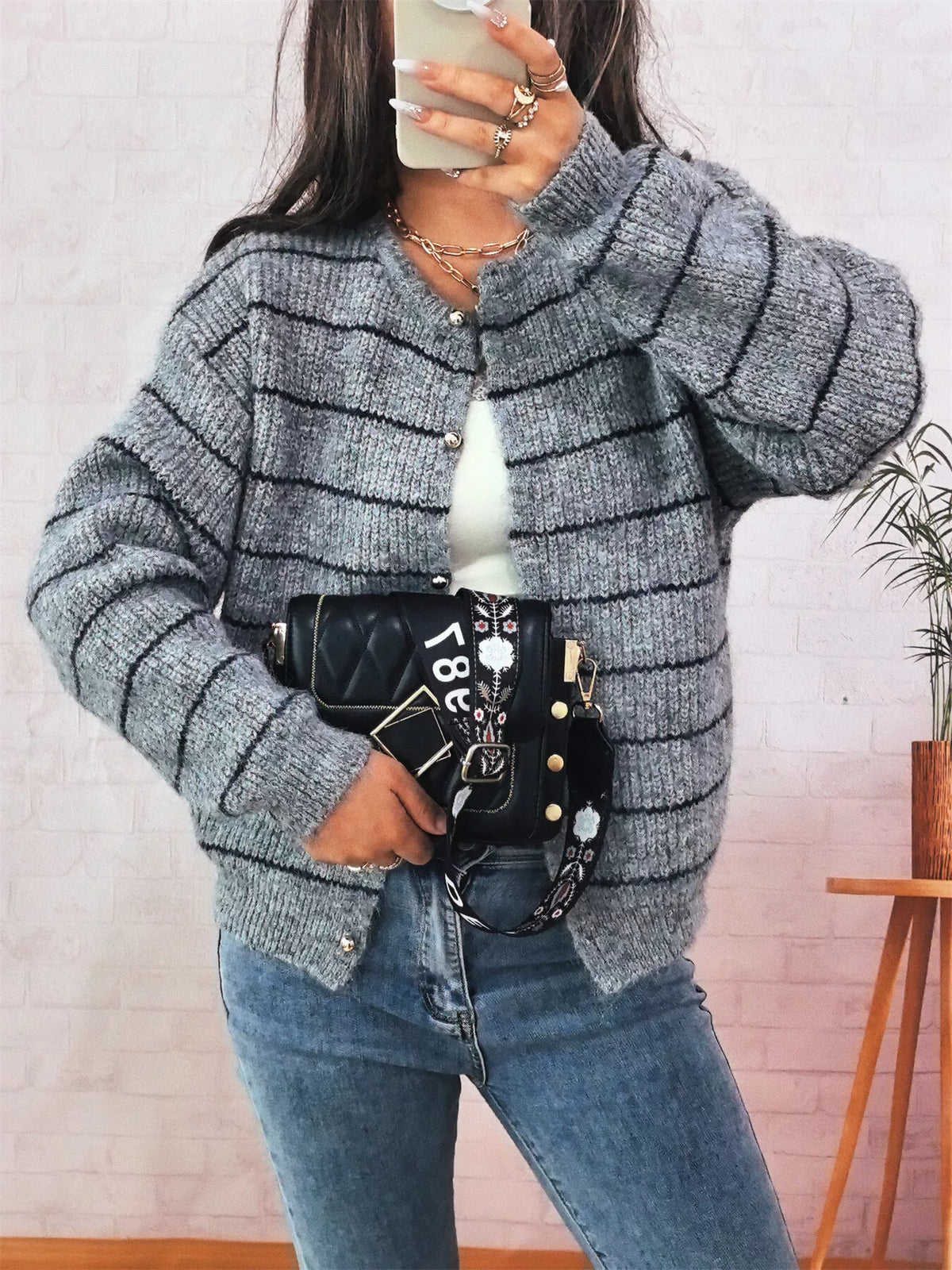 Striped Button Up Long Sleeve Cardigan
