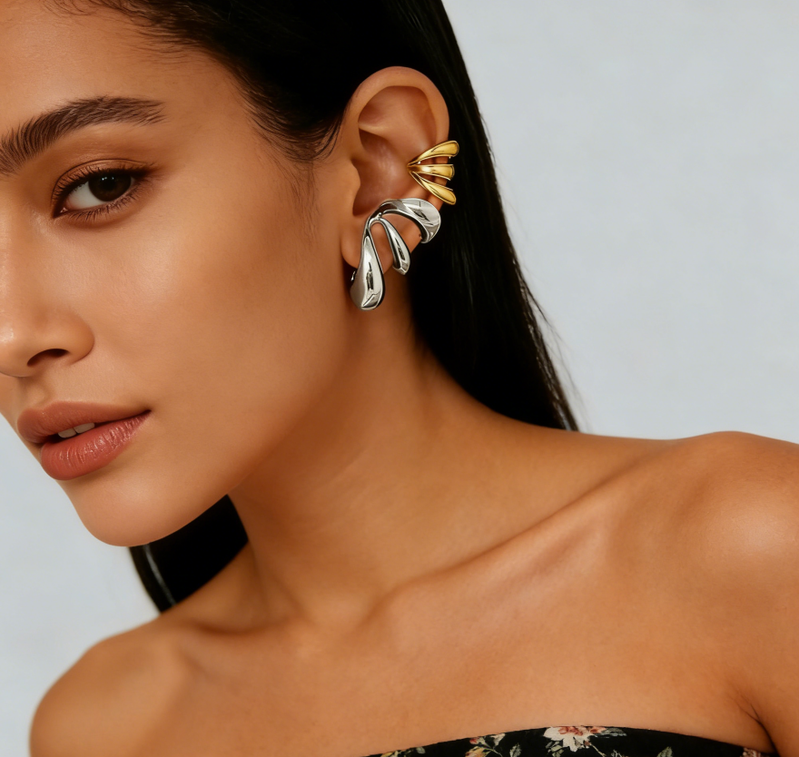 C-Shaped Hoop Ear Cuffs with Spiral &amp; Teardrop Design