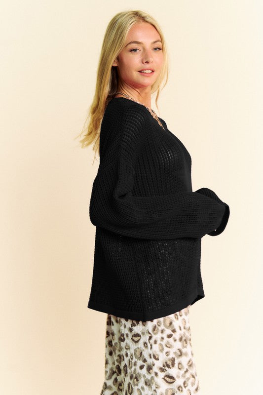 Back To School Sweater - Davi &amp; Dani Star Front Crochet Drop Shoulder Knit Top