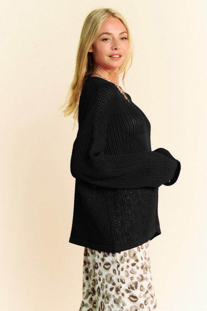 Davi &amp; Dani Star Front Crochet Drop Shoulder Knit Top