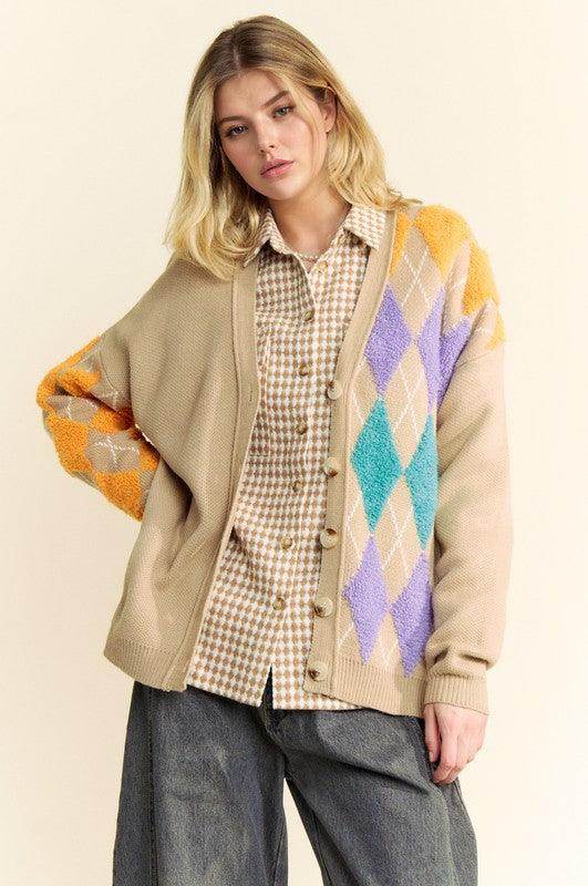 Davi &amp; Dani Argyle V-Neck Dropped Shoulder Cardigan Style