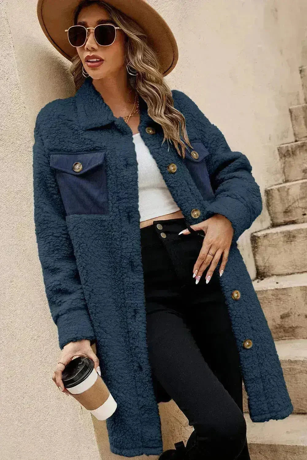 Blue Teddy Coat – Contrast Flap Pockets &amp; Single Breasted