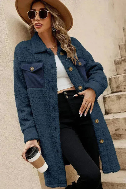 Blue Teddy Coat – Contrast Flap Pockets &amp; Single Breasted