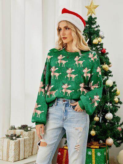 Reindeer Round Neck Long Sleeve Sweater for Women