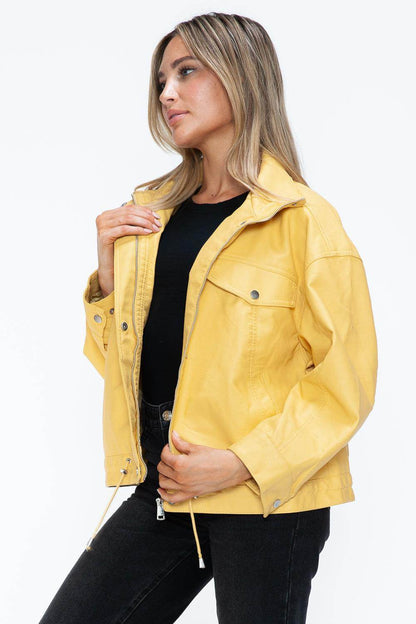 How Dare U Drawstring Hem PU Leather Zip Up Jacket for Women