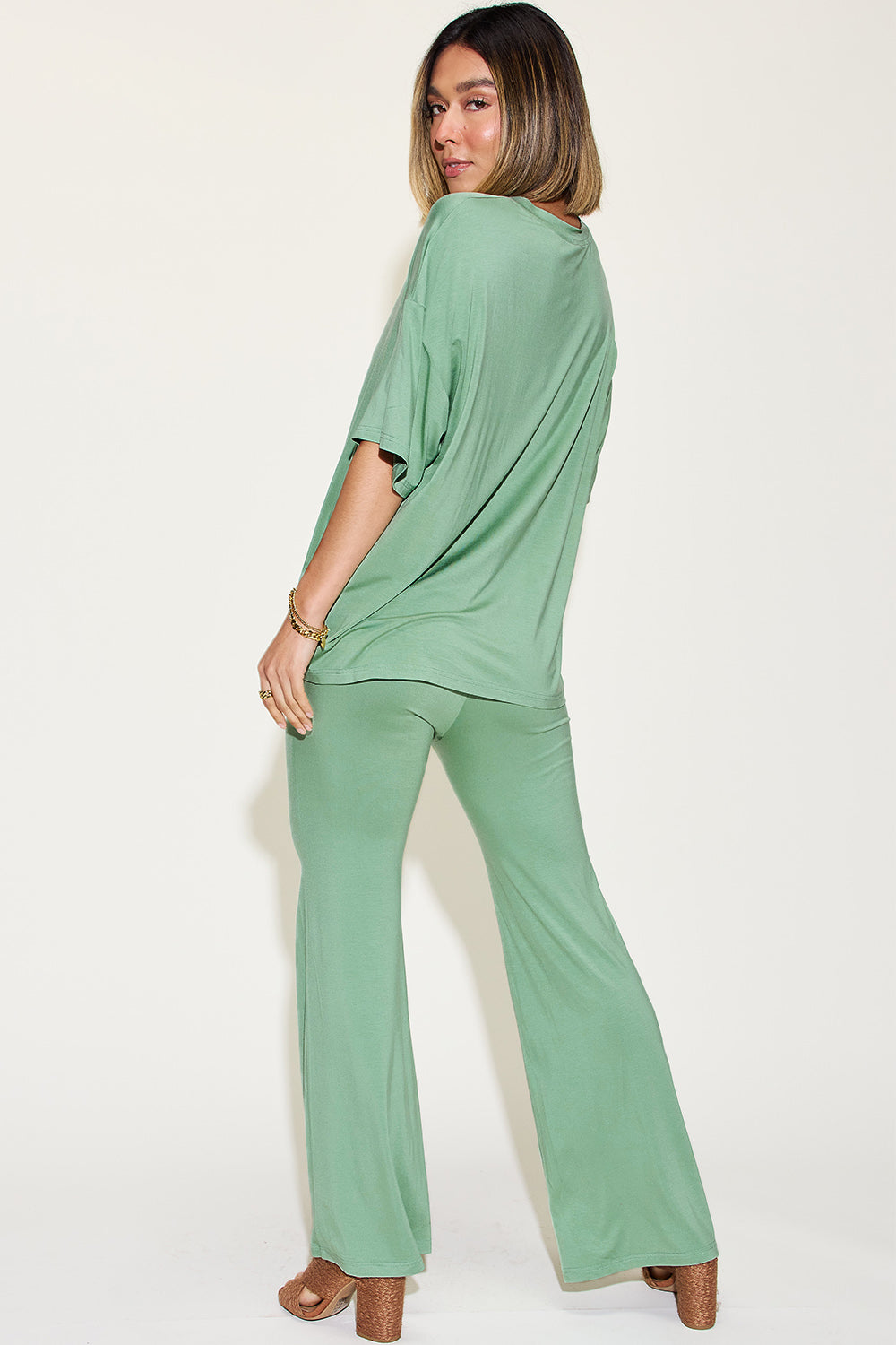 Comfy Bamboo Drop Shoulder Tee &amp; Flare Pants Set