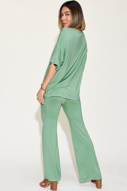 Comfy Bamboo Drop Shoulder Tee &amp; Flare Pants Set