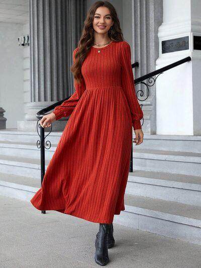 Ribbed Round Neck Long Sleeve Dress for Effortless Style