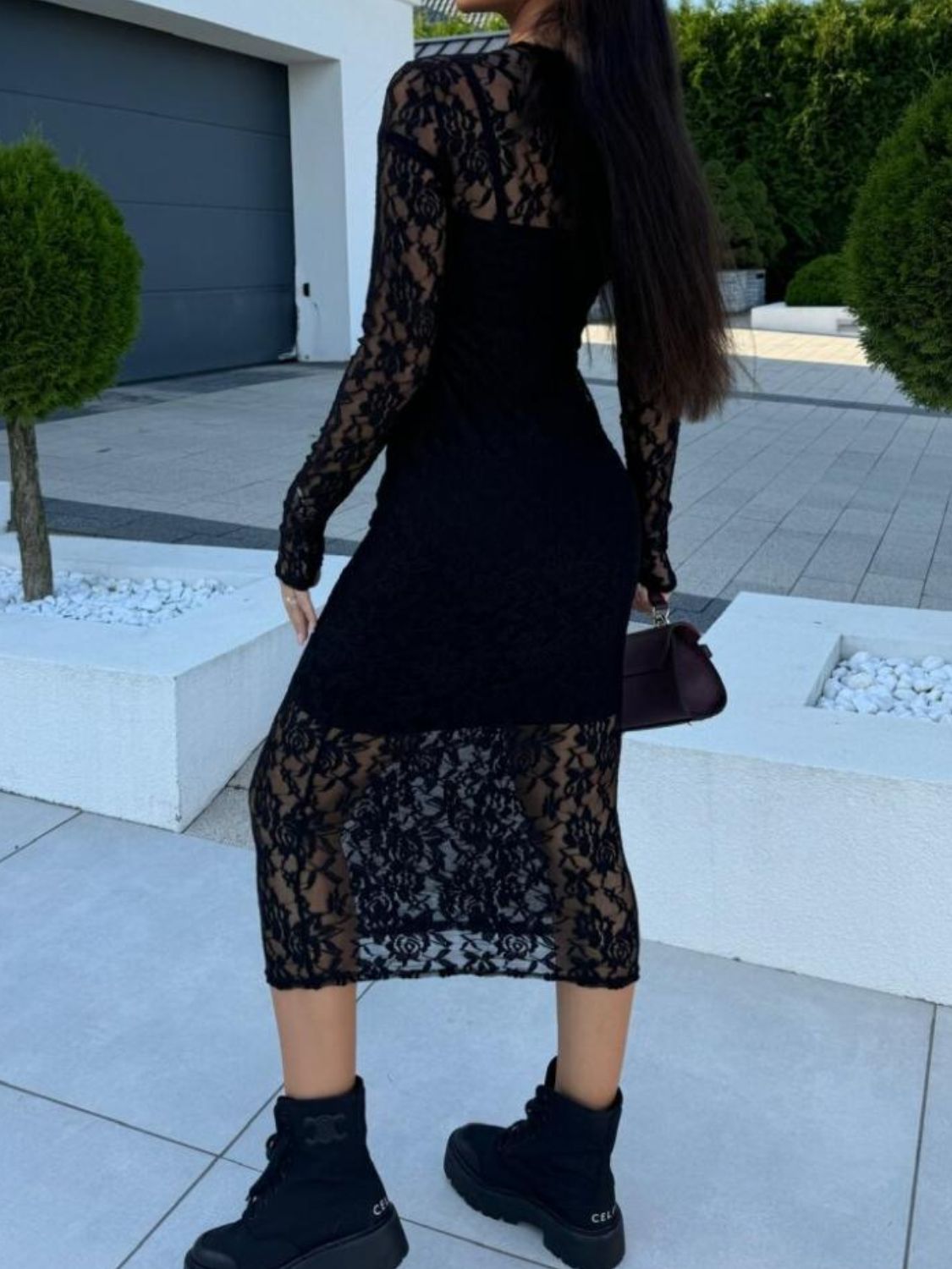 Black Lace Round Neck Long Sleeve Midi Dress Timeless &amp; Elegant Design Women Dress