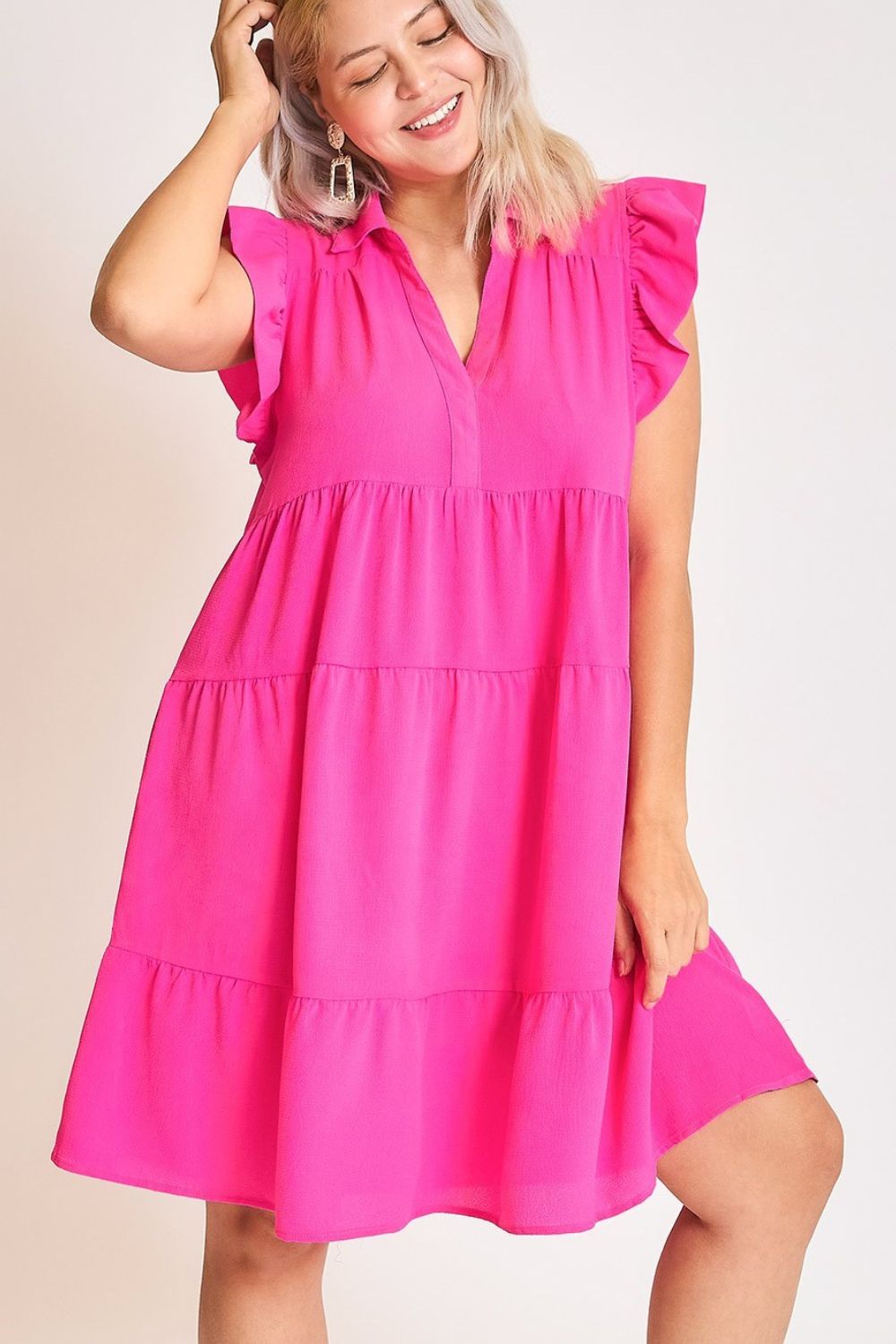 Pink Full Size Ruffle Cap Sleeve Dress Plus Size Elegant &amp; Timeless Classic Design Dress