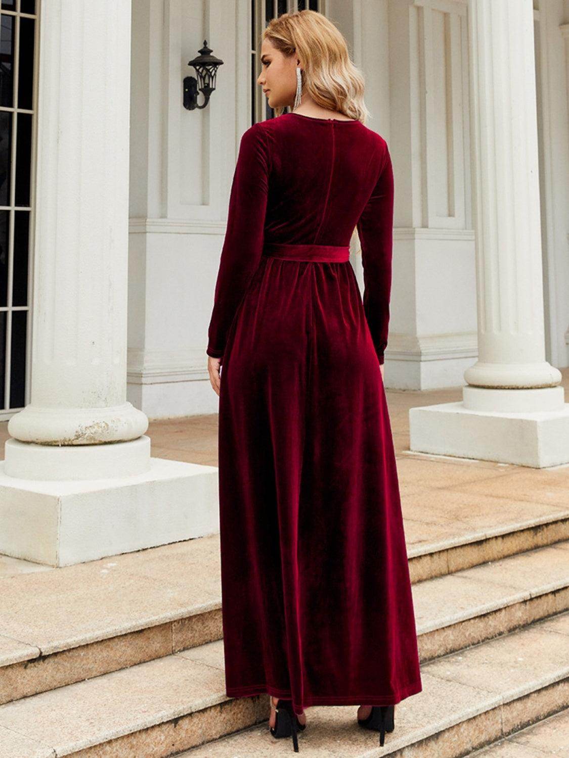 Tie Front Round Neck Long Sleeve Maxi Dress for Women