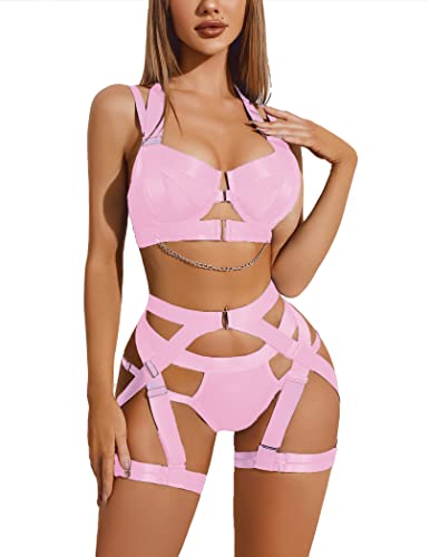 Lingerie Set for Women Sexy Strappy Lingerie Underwire Push Up Bra Garter Set Lingerie with Chain