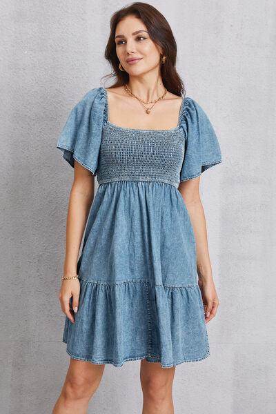 Smocked Square Neck Mini Denim Dress for Women Stylish