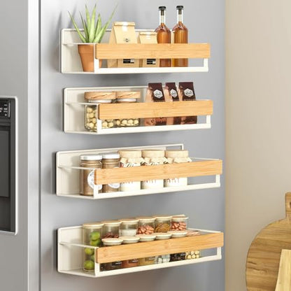 SONGMICS Strong Magnetic 4 Pack Bamboo Spice Rack for Refrigerator, Kitchen Magnetic Shelves for Washing Machine, Spice Organizers, No Drilling Needed