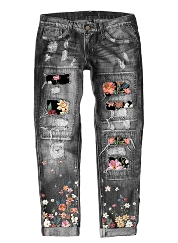 American Flag Pants - Astylish Womens Plaid Patch Ripped Boyfriend Distressed Stretch Skinny Denim Jeans with Hole