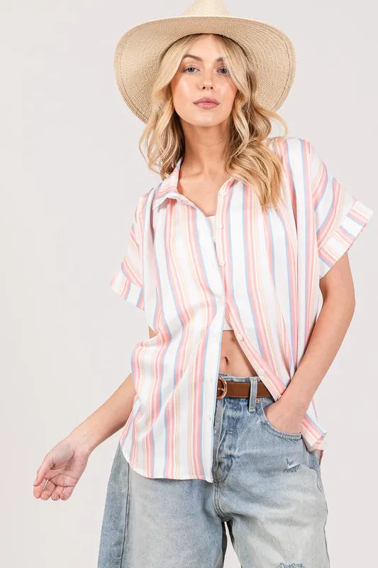SAGE+FIG Full Size Multi Stripe Button Down Short Sleeve Shirt Plus Size