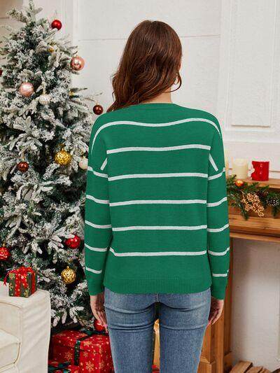 Sequin Santa Striped Round Neck Long Sleeve Sweater for Women