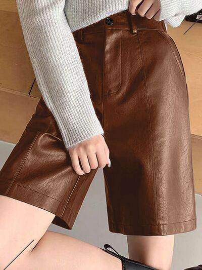 PU Leather High Rise Shorts for Women with Pockets
