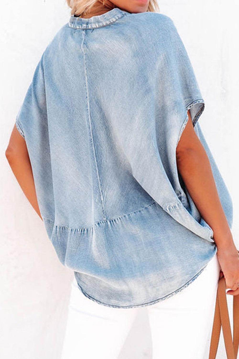 Notched Short Sleeve Denim Top for Casual Summer Style