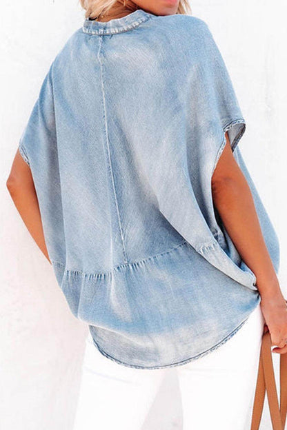 Notched Short Sleeve Denim Top for Casual Summer Style