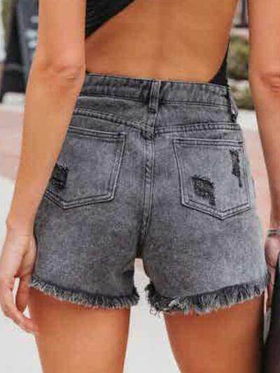 Distressed Fringe Denim Shorts with Pockets for Women
