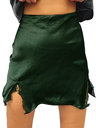 Cream Satin Skirt Outfit - LYANER Womens Satin Lace Trim Split Slit Hem Zipper High Wasit Mini Short Skirt