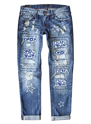American Flag Pants - Astylish Womens Plaid Patch Ripped Boyfriend Distressed Stretch Skinny Denim Jeans with Hole