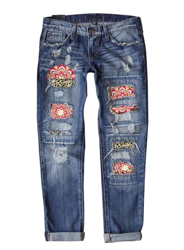 American Flag Pants - Astylish Womens Plaid Patch Ripped Boyfriend Distressed Stretch Skinny Denim Jeans with Hole