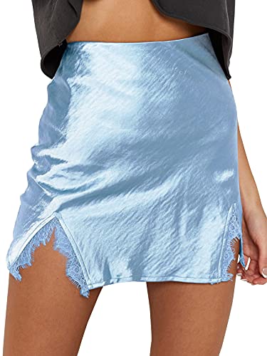 Cream Satin Skirt Outfit - LYANER Womens Satin Lace Trim Split Slit Hem Zipper High Wasit Mini Short Skirt