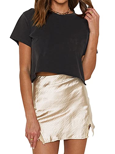 Cream Satin Skirt Outfit - LYANER Womens Satin Lace Trim Split Slit Hem Zipper High Wasit Mini Short Skirt