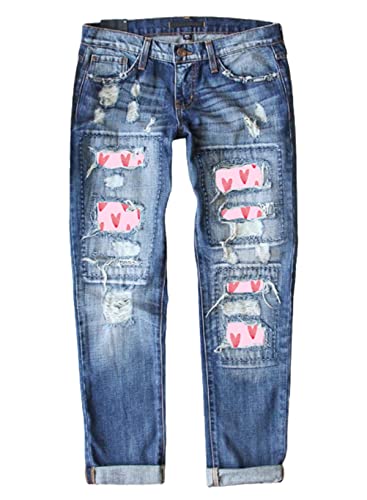 American Flag Pants - Astylish Womens Plaid Patch Ripped Boyfriend Distressed Stretch Skinny Denim Jeans with Hole