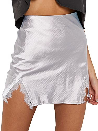 Cream Satin Skirt Outfit - LYANER Womens Satin Lace Trim Split Slit Hem Zipper High Wasit Mini Short Skirt