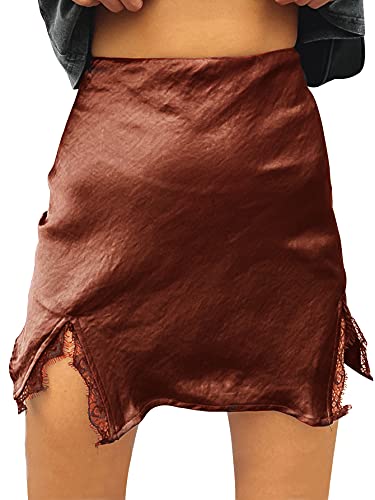 Cream Satin Skirt Outfit - LYANER Womens Satin Lace Trim Split Slit Hem Zipper High Wasit Mini Short Skirt